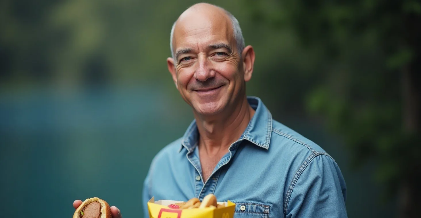 Jeff Bezos in a casual outfit, holding a McDonald's burger, symbolizing his journey from fast food worker to billionaire entrepreneur.