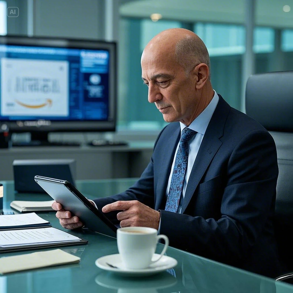 Jeff Bezos sitting at a sleek office desk, analyzing business data on a tablet with a coffee cup nearby.