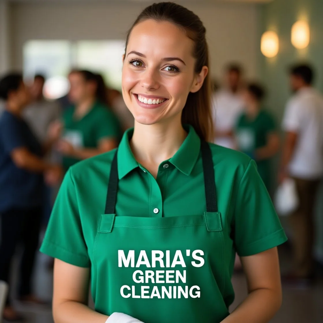 Friendly lady maid wearing a green uniform with a logo, standing confidently with a bright smile.