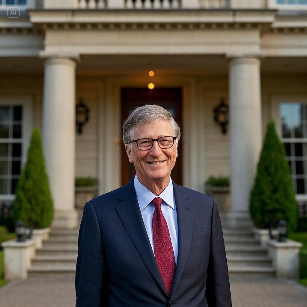 Bill Gates standing in front of his luxury mansion with a big smile on his face.