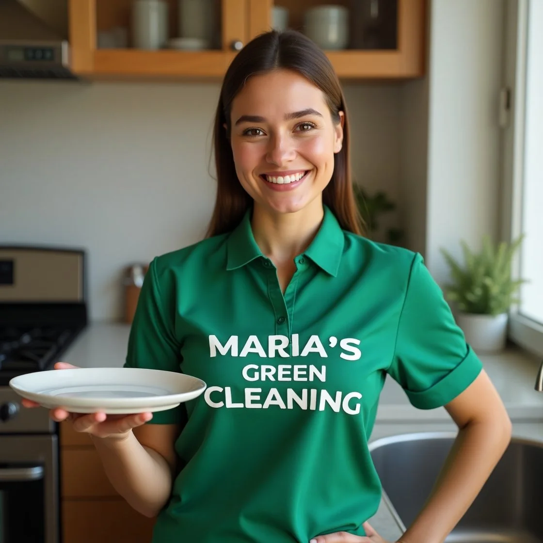 A lady maid standing in a modern kitchen, holding a dish and smiling at the camera.
