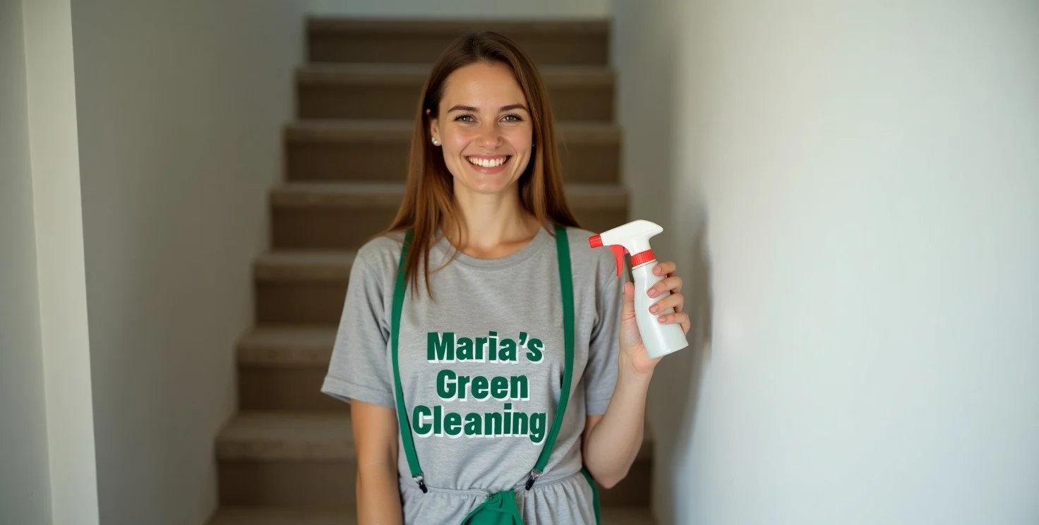 Certified cleaner scrubbing and disinfecting high-traffic staircases