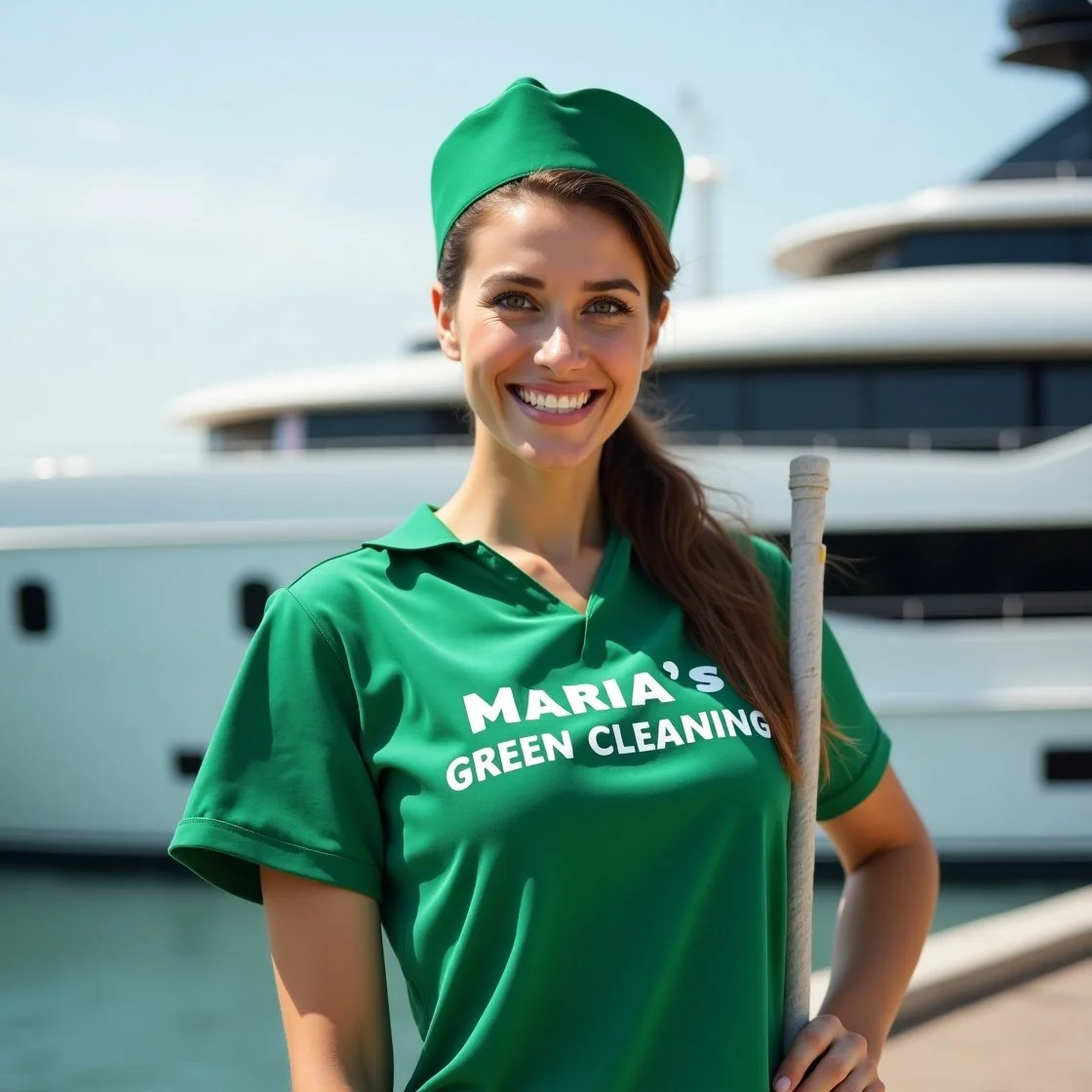 A smiling female cleaner in a green shirt, with a mop in hand, standing near a superyacht docked in the harbor.