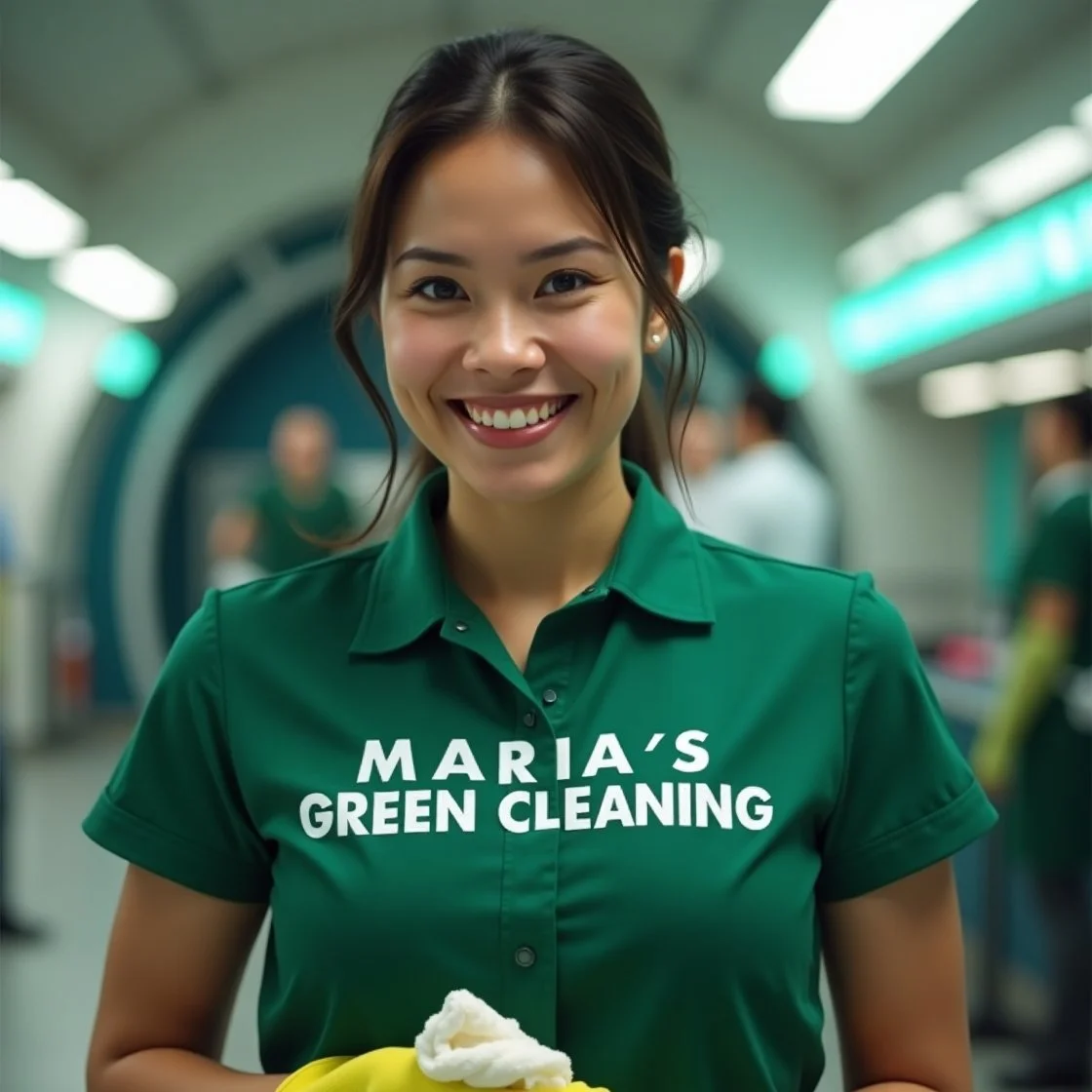 Smiling lady maid holding a cleaning cloth with a friendly expression in a modern office setting.