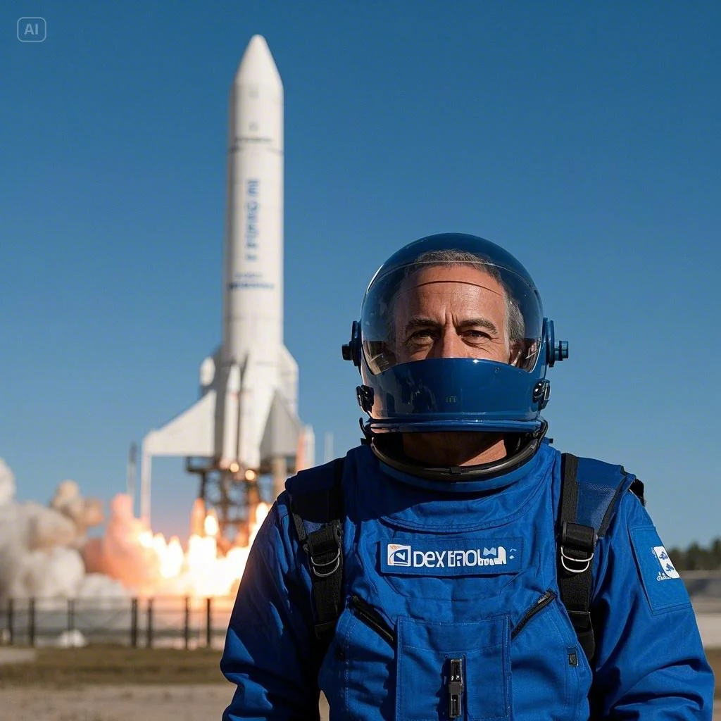 Space launch scene featuring a Blue Origin rocket blasting off into the sky.
