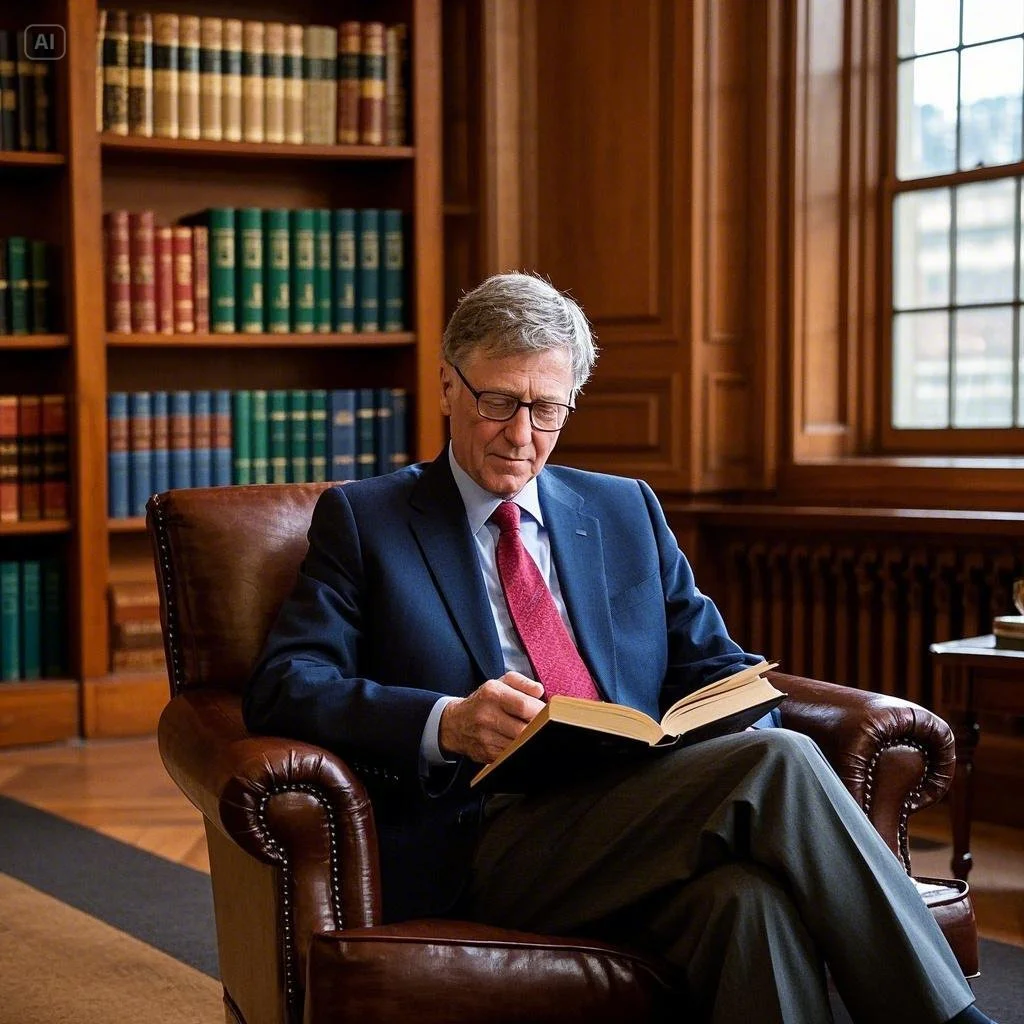 Bill Gates seated in a leather chair, reading a book in a well-stocked library, with bookshelves and windows in the background.