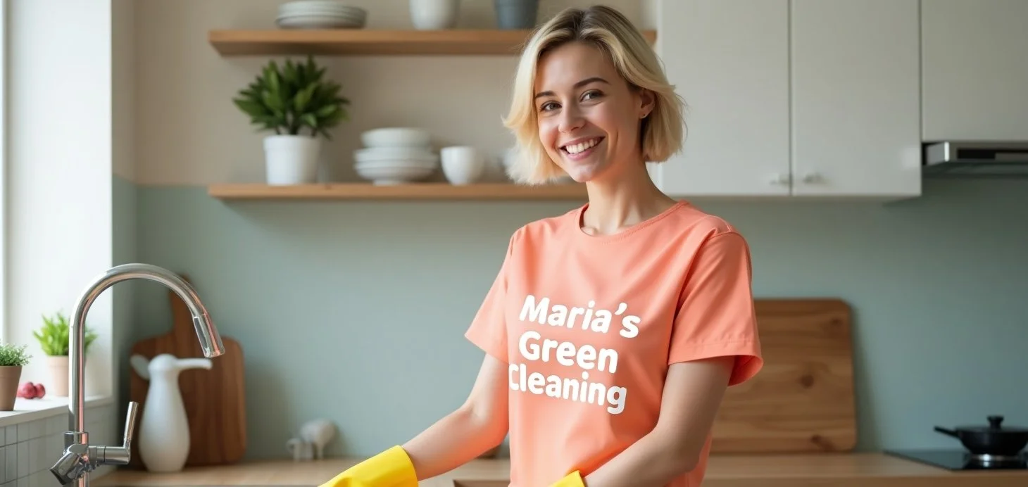 A cleaning professional buffs kitchen counters with a cloth napkin.