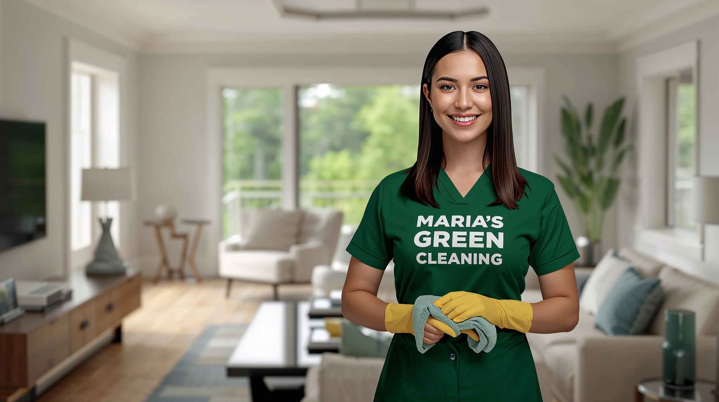 Maria’s Green Cleaning professional standing in a freshly cleaned Briarcliff Seattle living room.