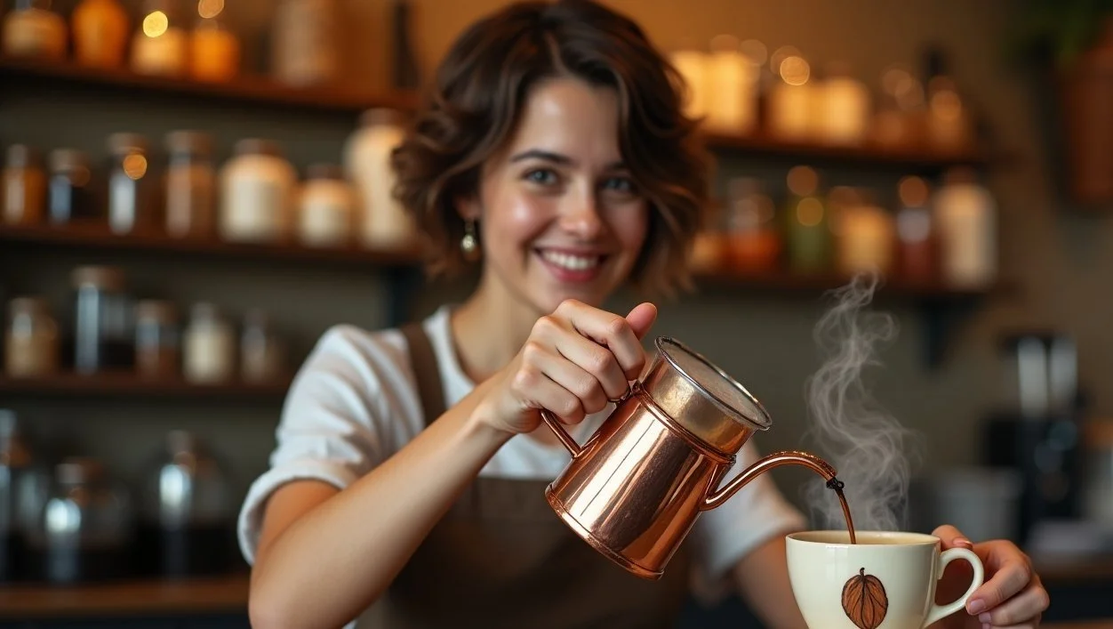 A Barista Preparing A Freshly Brewed Cup Of Coffee In A Café