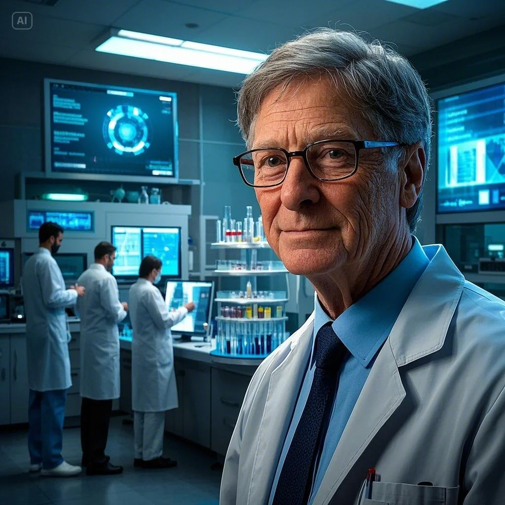 Bill Gates standing in front of laboratory equipment in a high-tech lab with a confident expression, while scientists work in the background.