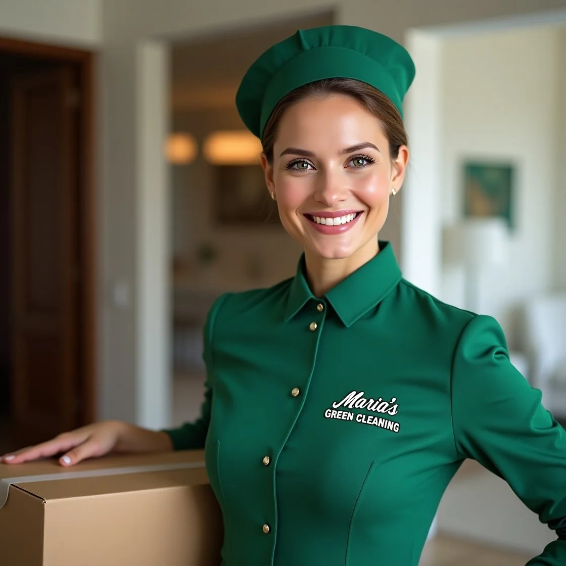 A woman in a green uniform from Maria's Green Cleaning, looking cheerful while holding cleaning materials in a box.