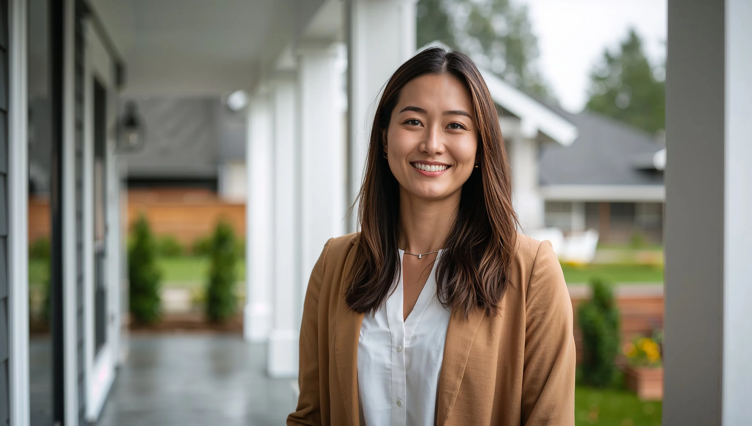 Asian woman smiling on her Seattle porch after house cleaning service
