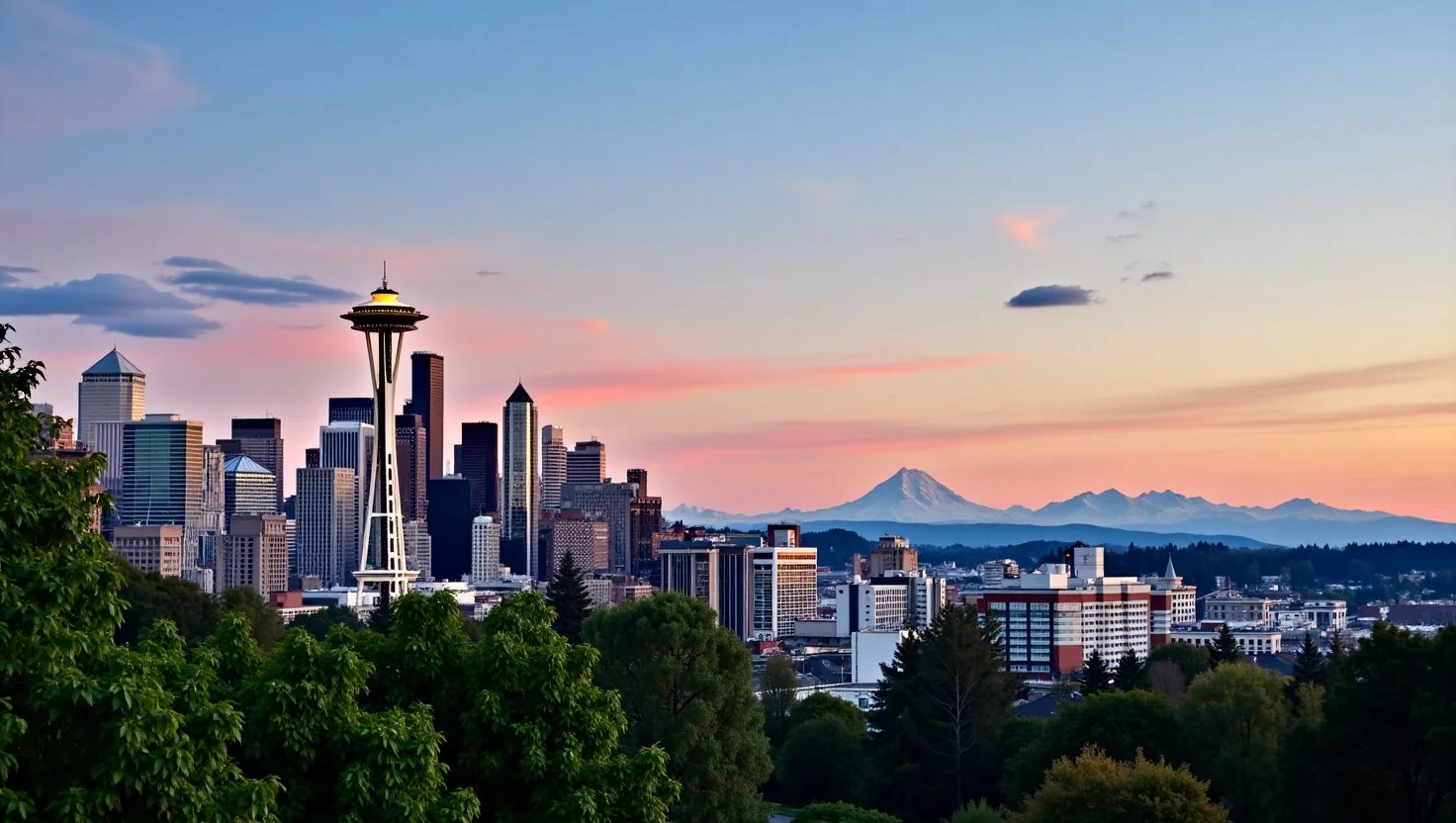 breathtaking twilight shot of Seattle’s skyline, with the Space Needle glowing and surrounded by rich green foliage