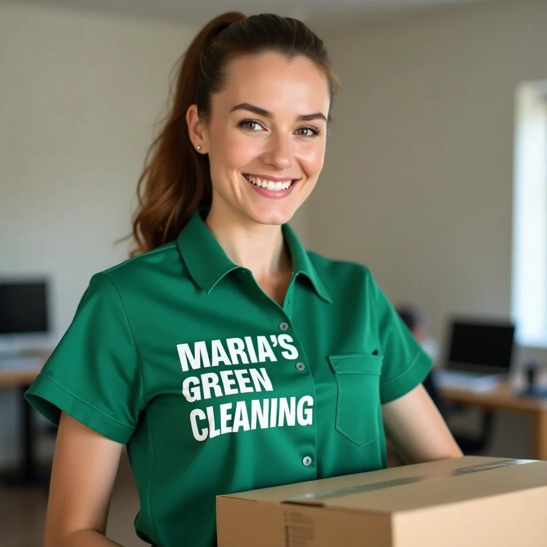 A cheerful lady maid smiling at the camera while holding a box in a cozy office space, dressed in a green "MARIA'S GREEN CLEANING" shirt.