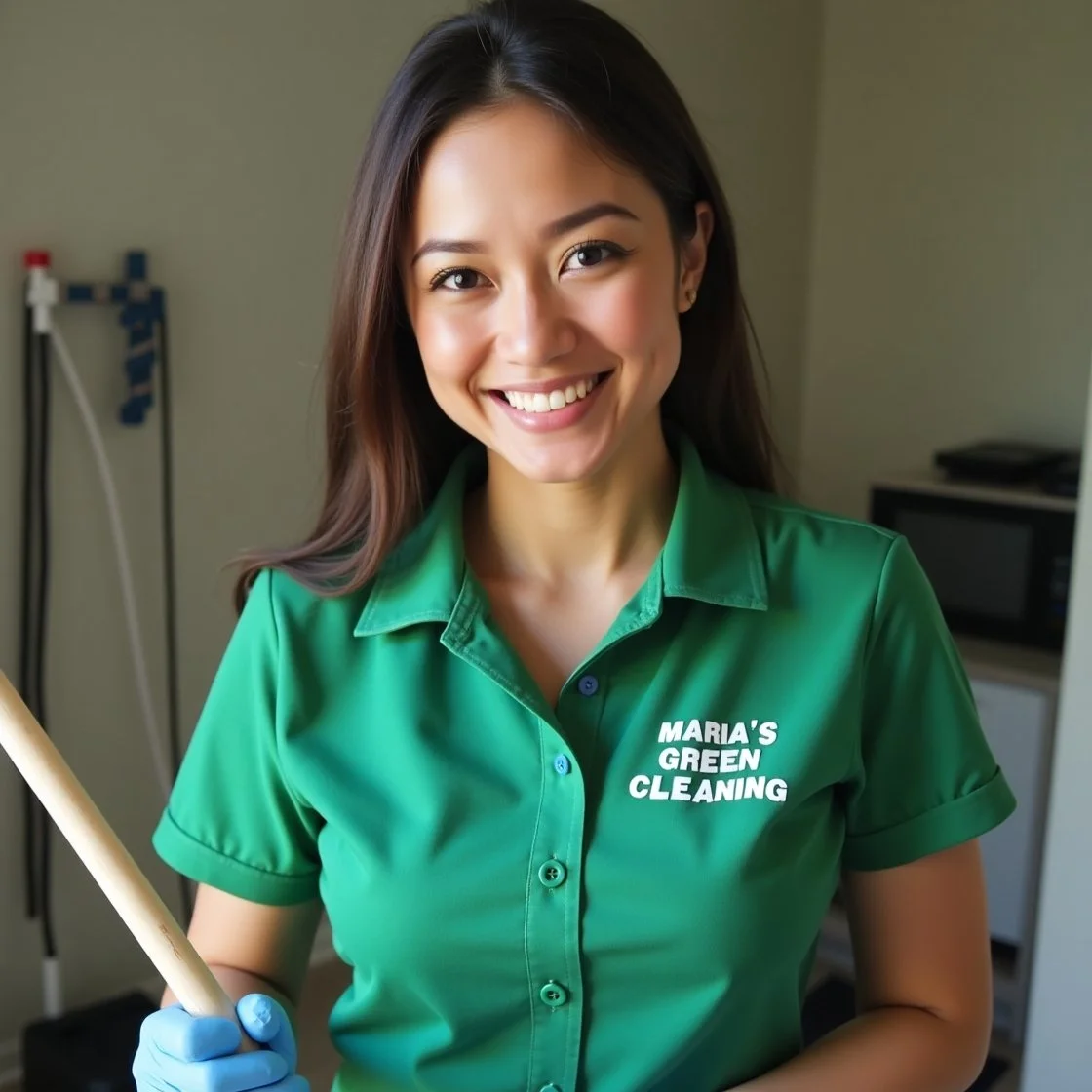 Young lady in a green 'Maria's Green Cleaning' uniform, smiling while holding cleaning supplies in an office.