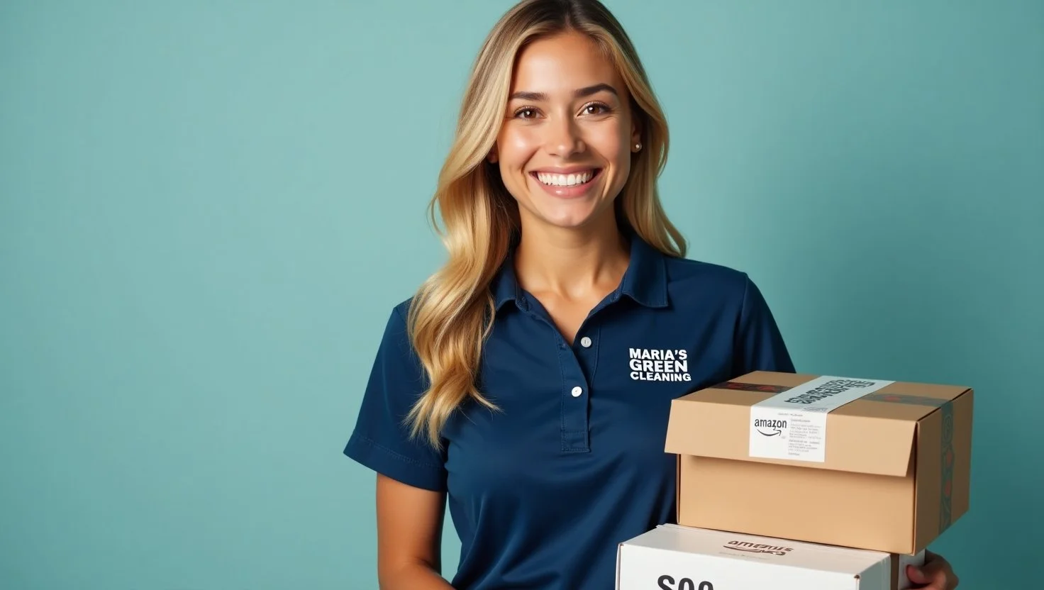 A Professional Cleaner Carrying Amazon Delivery Boxes While Tidying Up An Office