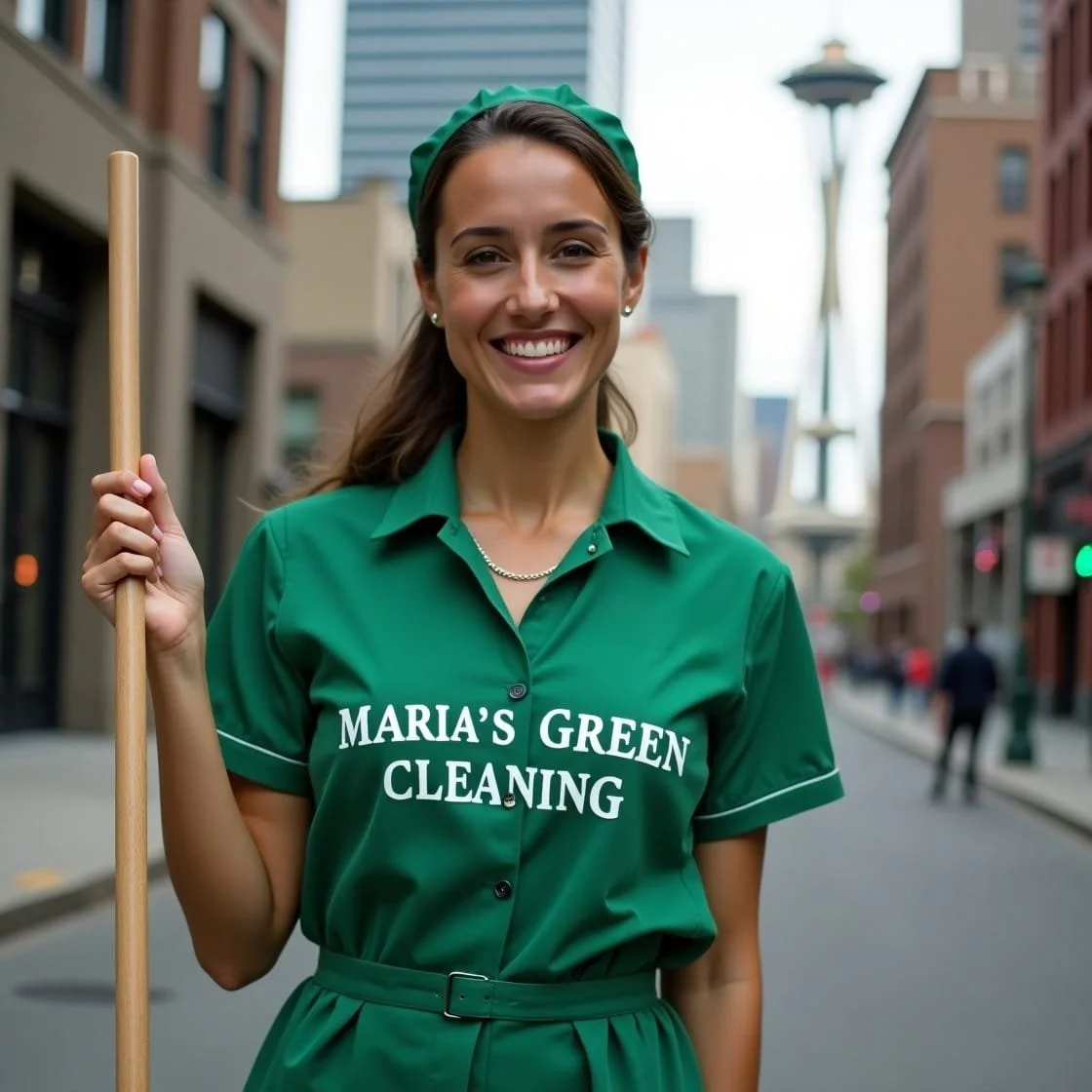 A cheerful maid in a green uniform holding a broom, standing on a city street with the Space Needle in the background.