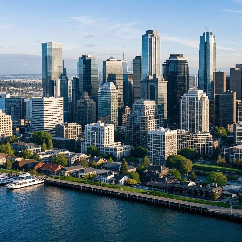 A stunning aerial view of Seattle's skyline, showcasing the tall skyscrapers and expansive cityscape along with the water surrounding the city.