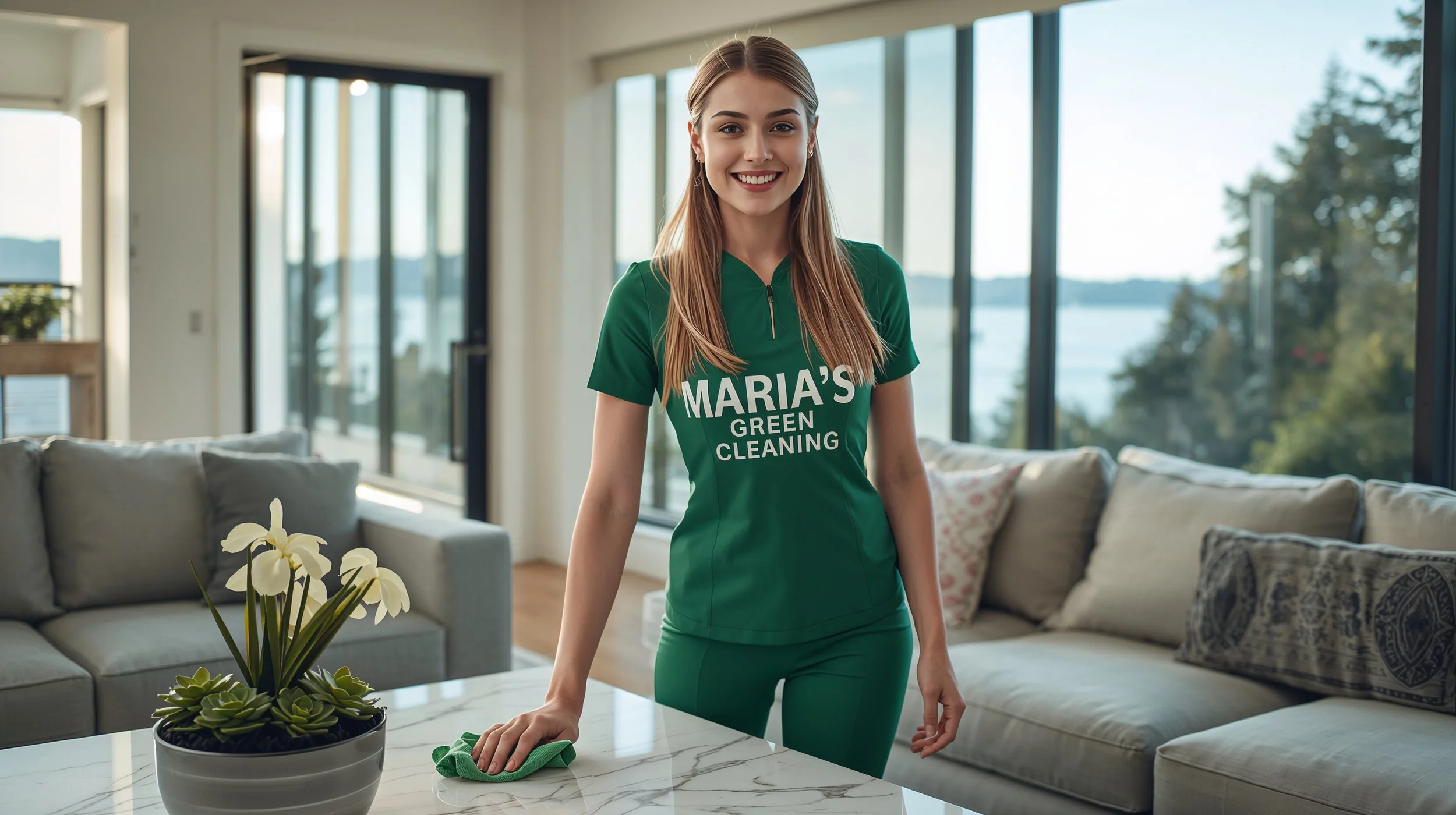 Professional cleaner from Maria’s Green Cleaning wiping a marble coffee table inside a luxury Briarcliff Seattle living room.
