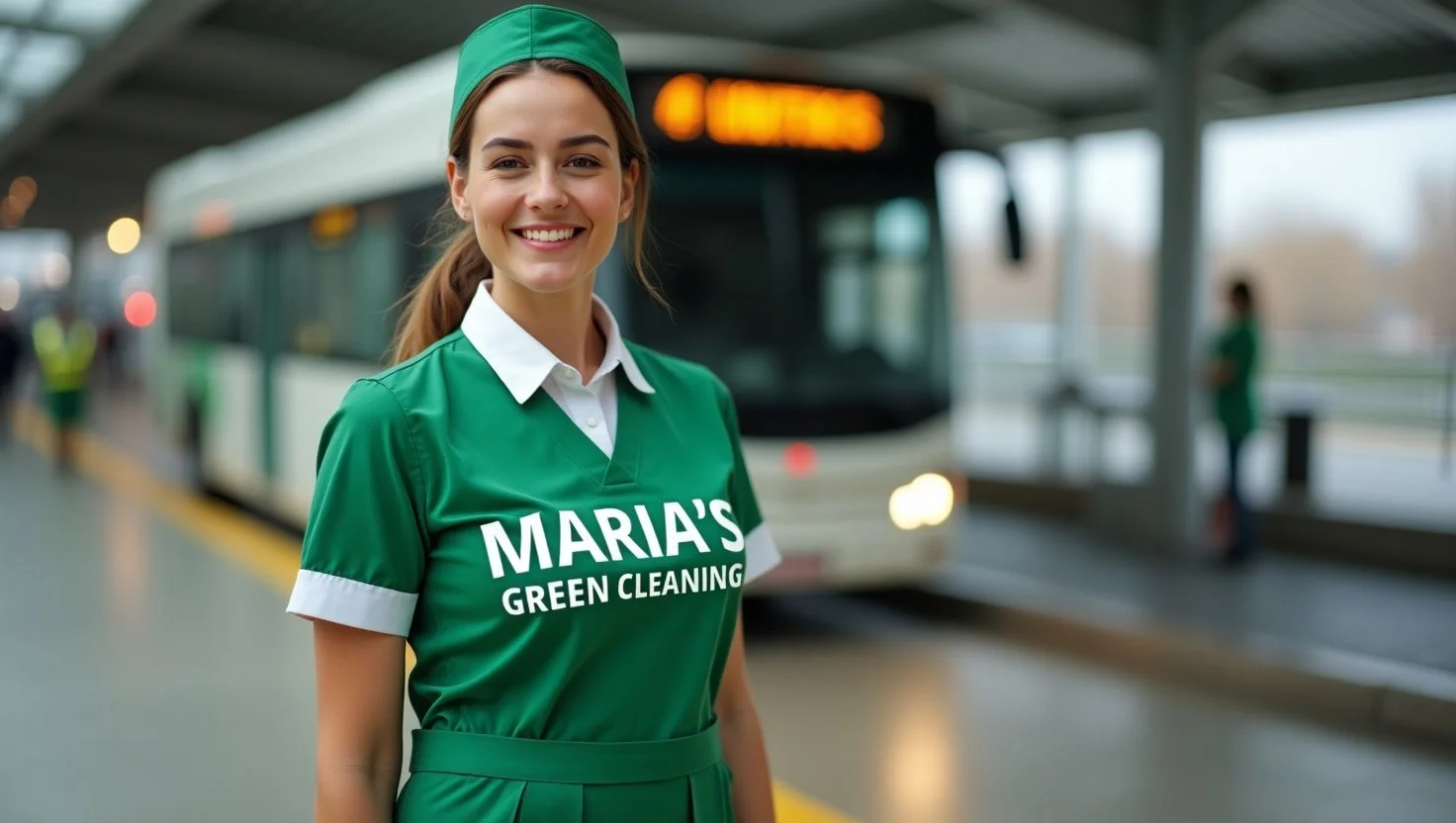 Lady maid cleaning a bus station while smiling at camera.