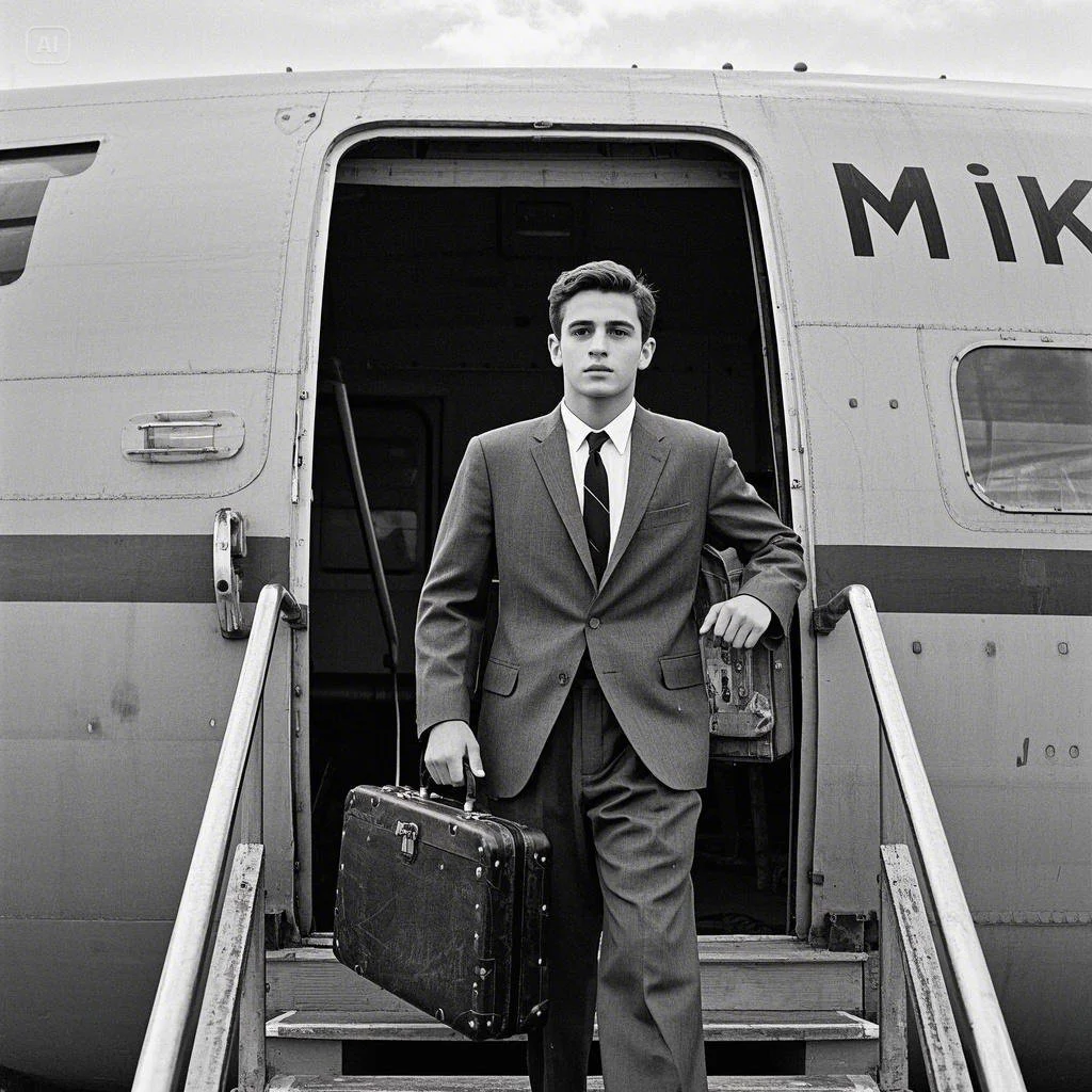 Mike Bezos stepping off a plane with a small suitcase.