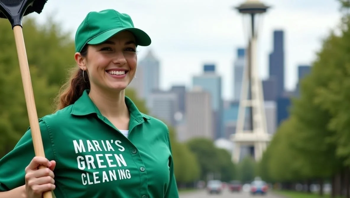 Cheerful maid in a green uniform cleaning with a broom in the Seattle park.