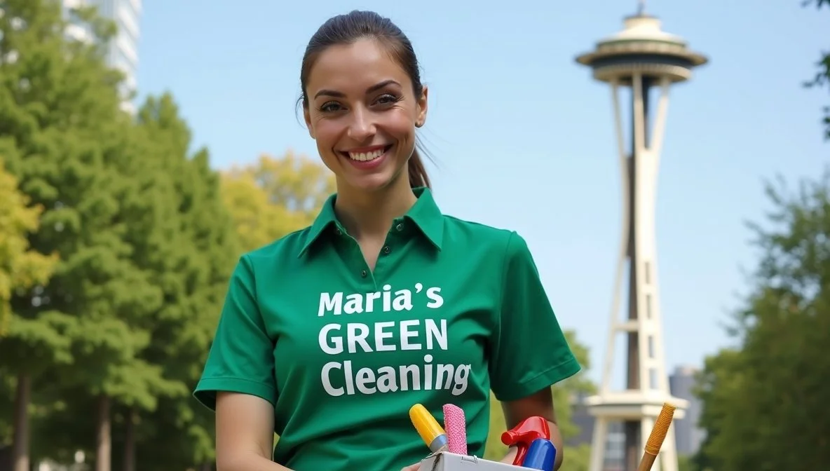Friendly lady cleaning in a park while wearing a green cleaning uniform.
