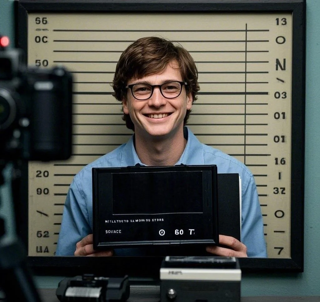 Young Bill Gates smiling in a police mugshot with a sign identifying him.