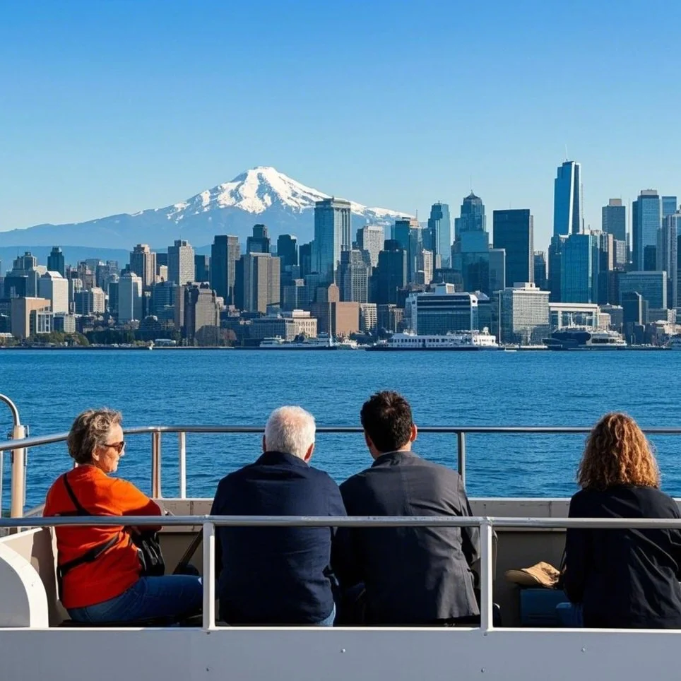 Passengers enjoying the view of Seattle's skyline from a ferry with the snow-capped Mount Rainier in the background.