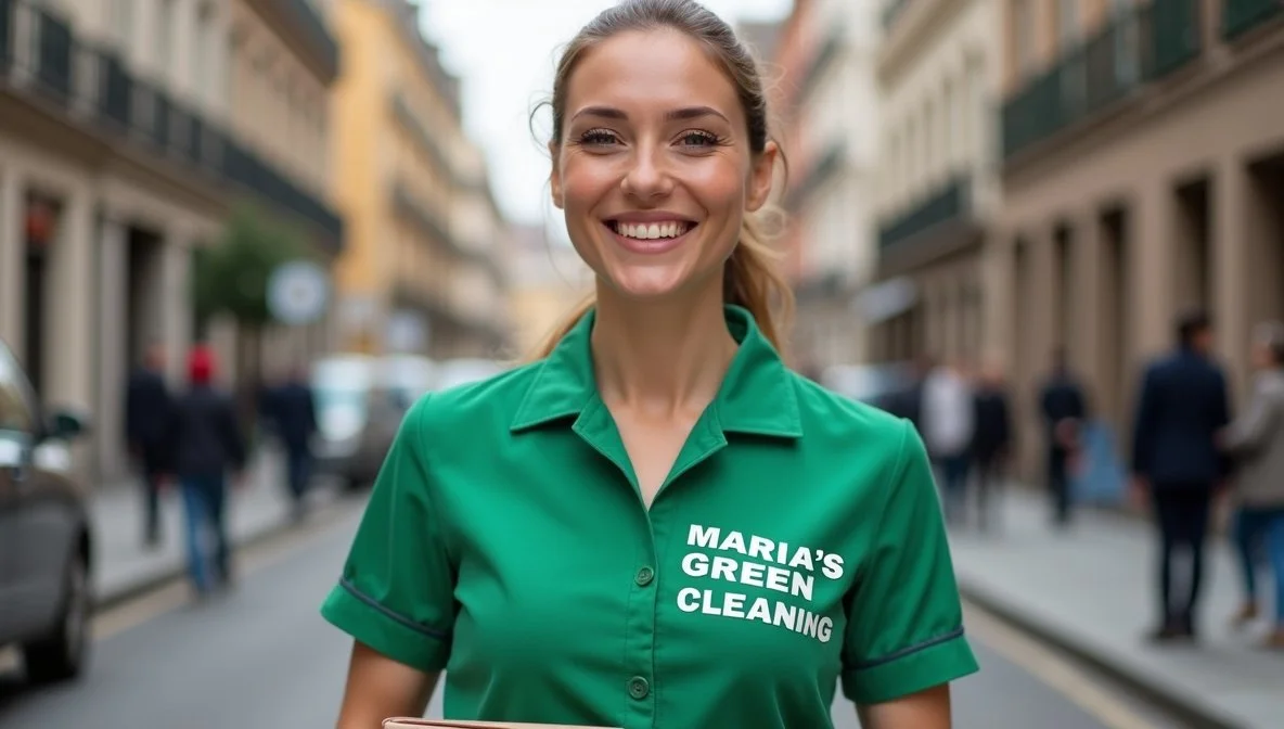Woman in a green cleaning uniform "Maria's Green Cleaning" shirt, is ready to clean the street.