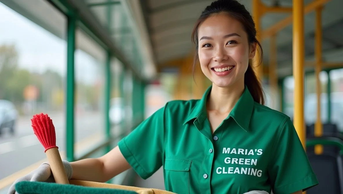 A smiling woman in a green uniform standing in a bright, modern space, holding cleaning tools and ready to clean.