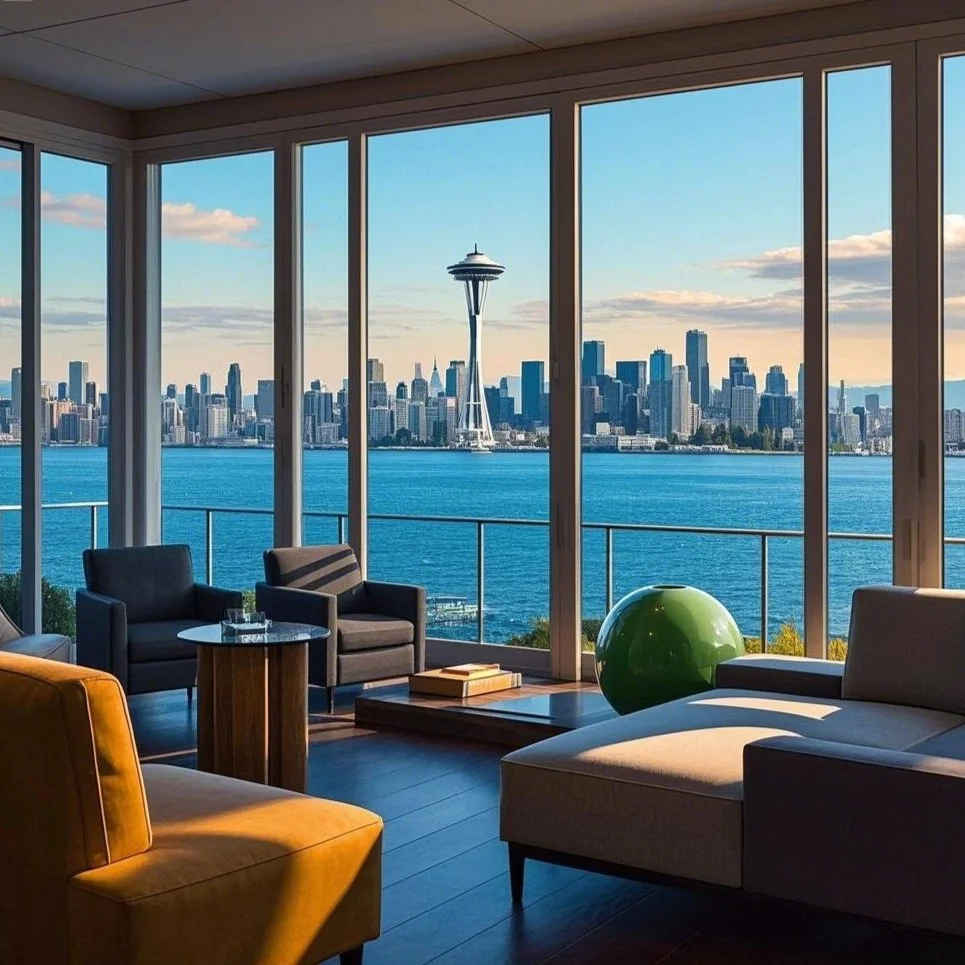 A luxurious multimillion-dollar home in Seattle, with a view of the iconic city skyline and modern architecture.