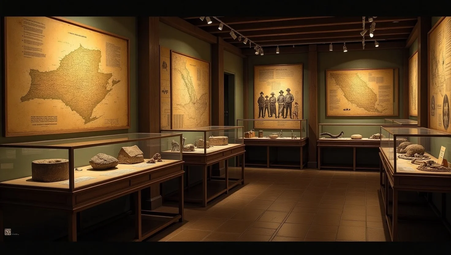 vintage-style museum exhibit showcasing artifacts, maps, and photographs of the original 'New York-Alki' settlement.