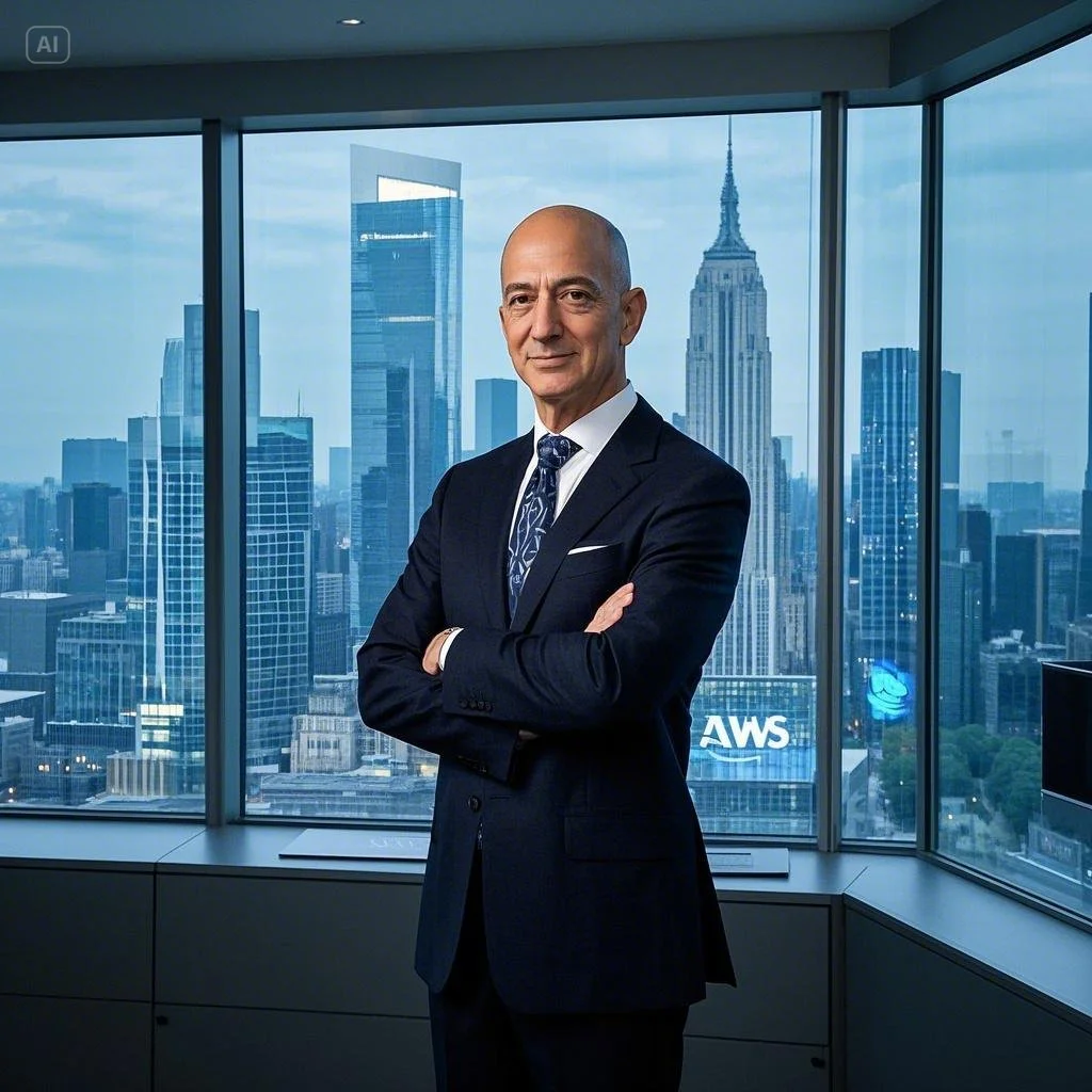 A realistic image of Jeff Bezos standing in a  modern office.