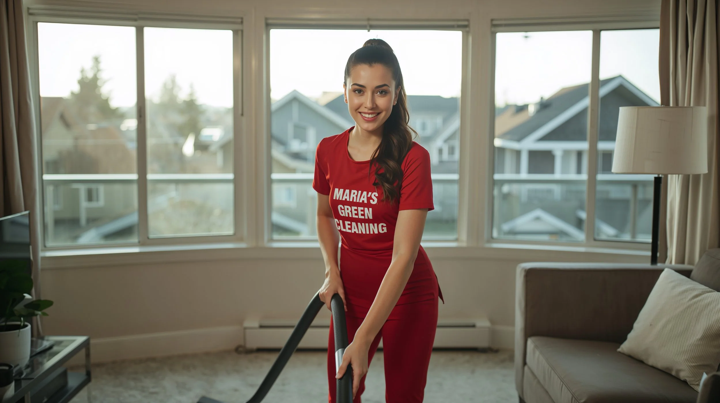 Maria’s Green Cleaning specialist vacuuming carpet in a luxury Atlantic Seattle townhouse living room