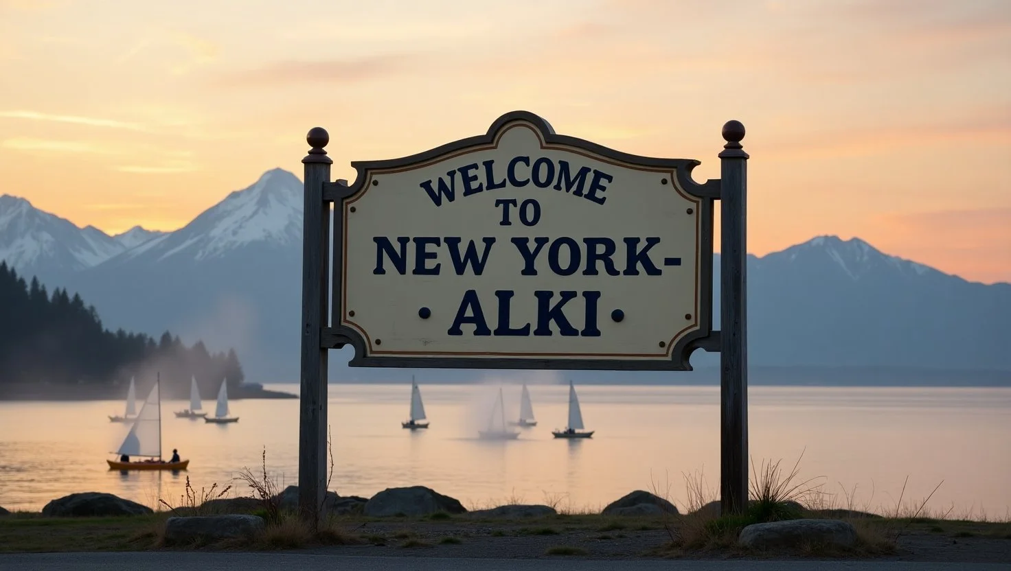 Vintage-style sign that reads 'Welcome to New York-Alki'