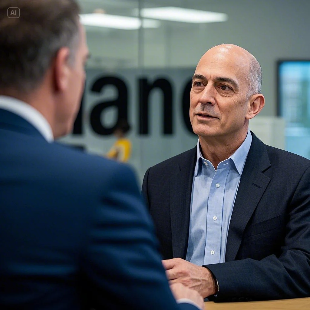 Jeff Bezos engaged in a serious conversation with a customer, focusing on understanding their needs.