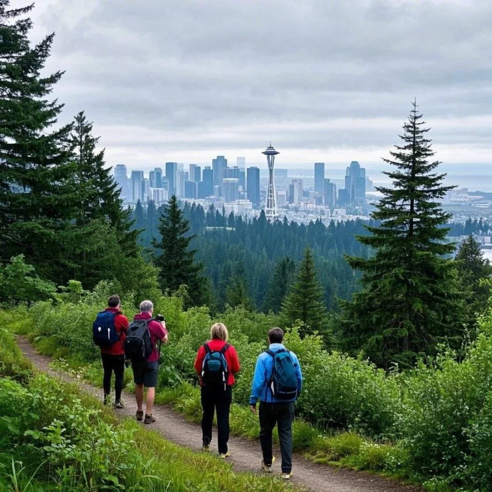 A group of four hikers walking along a trail with backpacks, with Seattle's Space Needle and city skyline visible in the background.