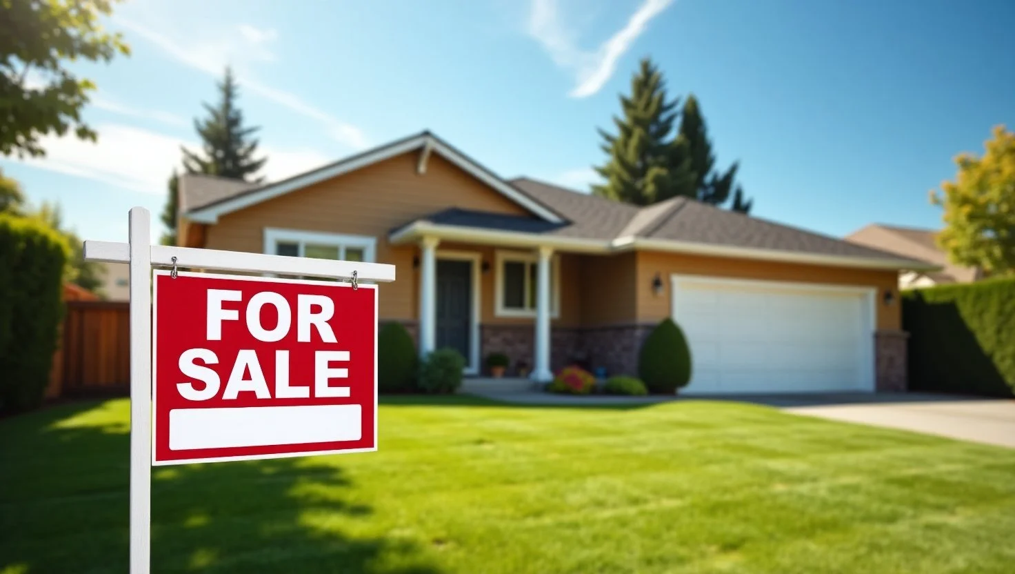 Small suburban house with a ‘For Sale’ sign displaying