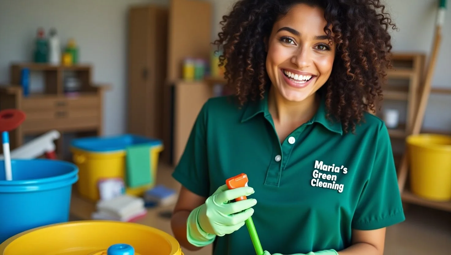 A Cheerful Experienced Cleaner Sorting And Preparing Cleaning Equipment