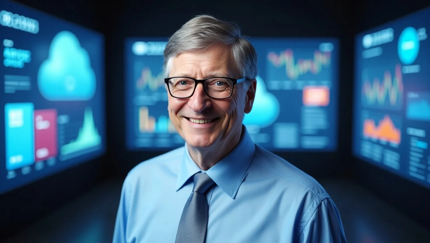 Bill Gates surrounded by holographic screens displaying Microsoft technologies and global markets.