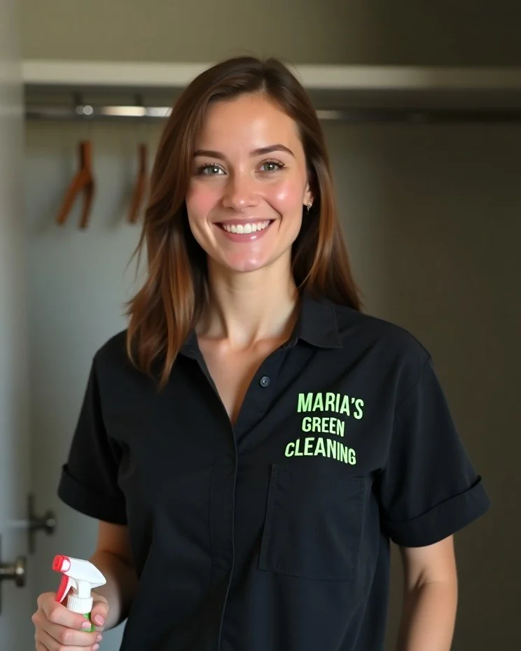 The expert maid cleans the cabinet using an environmentally safe cleaner.