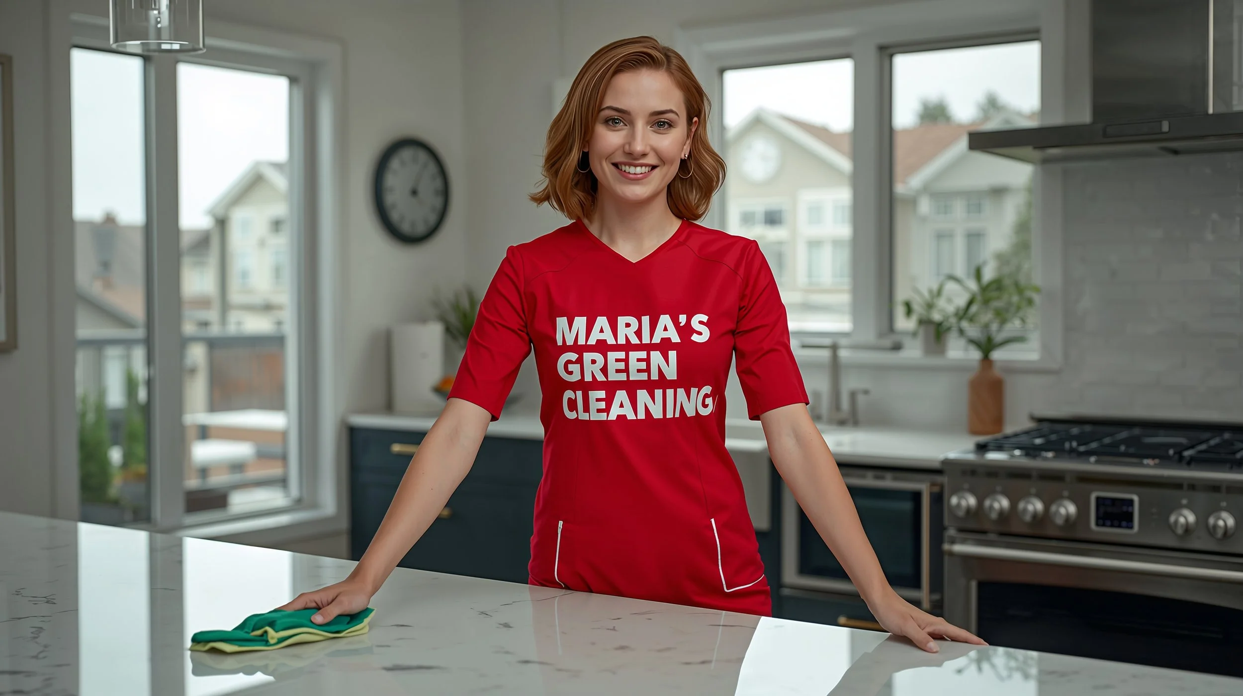 Maria’s Green Cleaning professional wiping a modern kitchen island in an Atlantic Seattle home