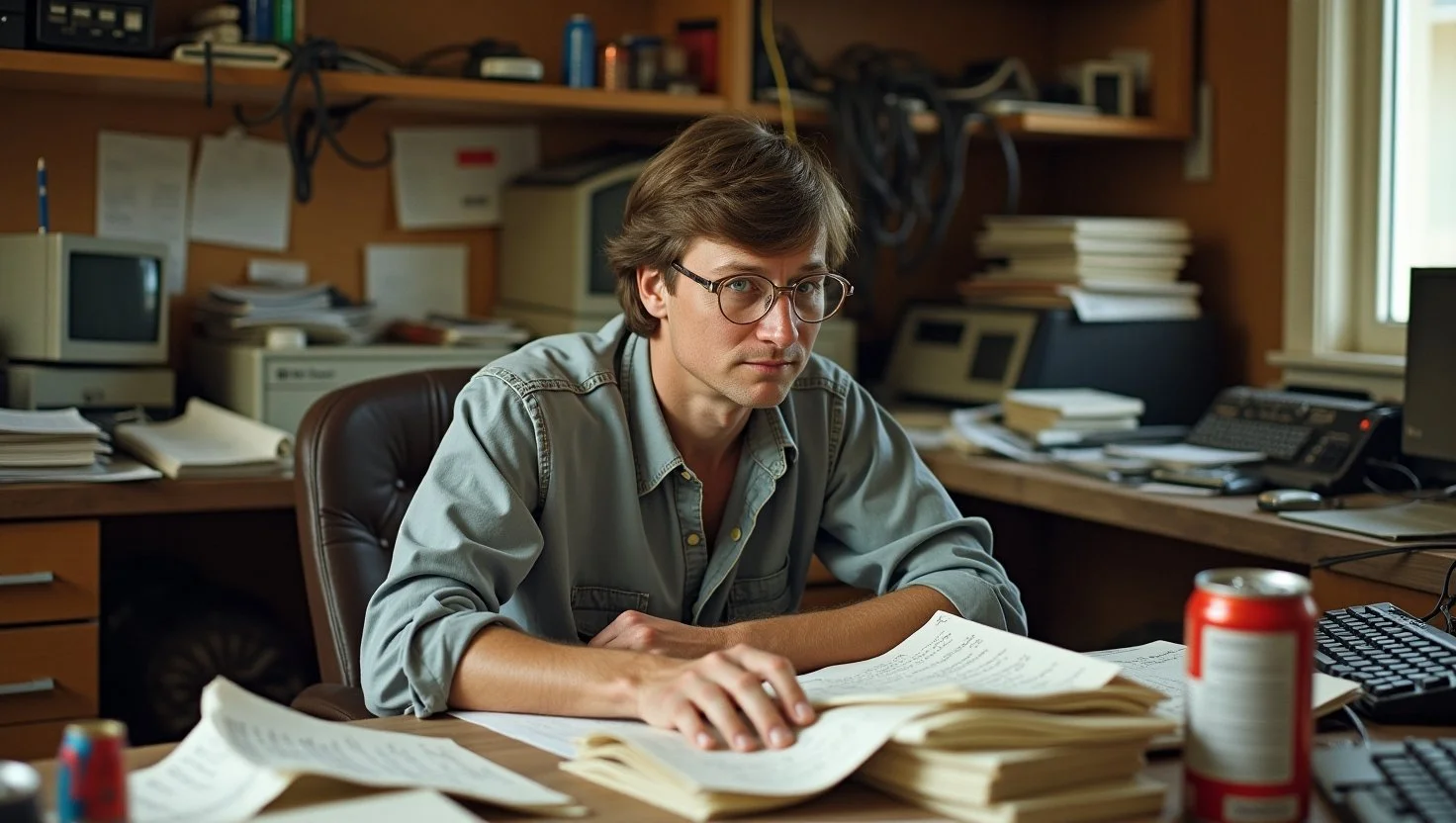 Bill Gates in the early days of Microsoft, sitting at a cluttered desk with stacks of computer code printouts