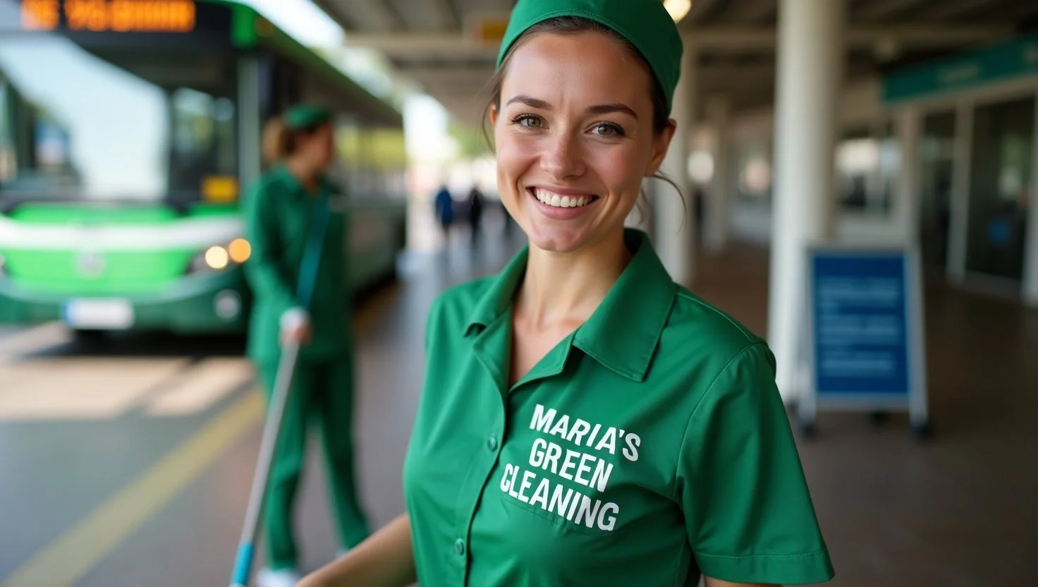Lady maid smiling while cleaning the bus station in green uniform.