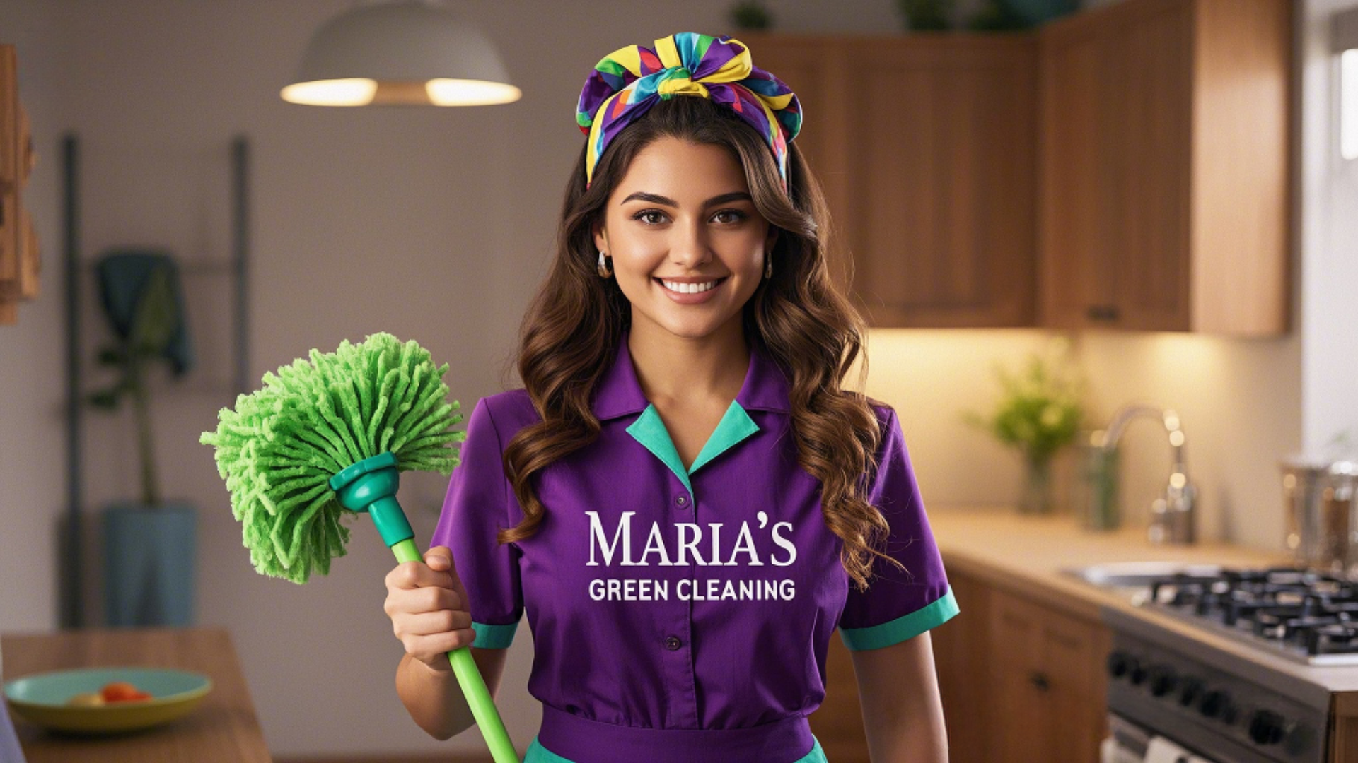 Professional cleaner mopping the kitchen floor and disinfecting tiles