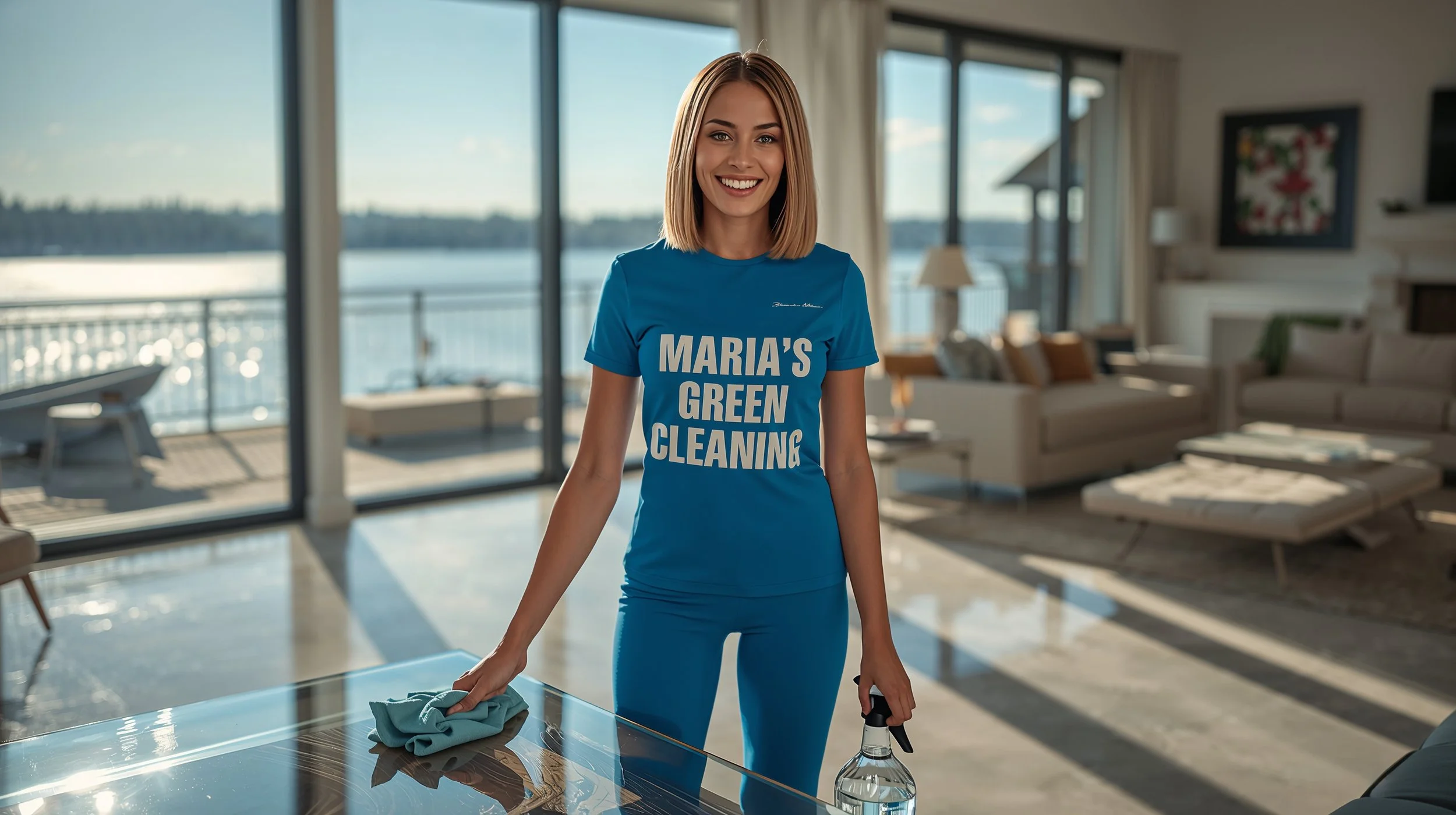 Professional cleaner polishing glass coffee table in luxury Alki Point Seattle waterfront home living room