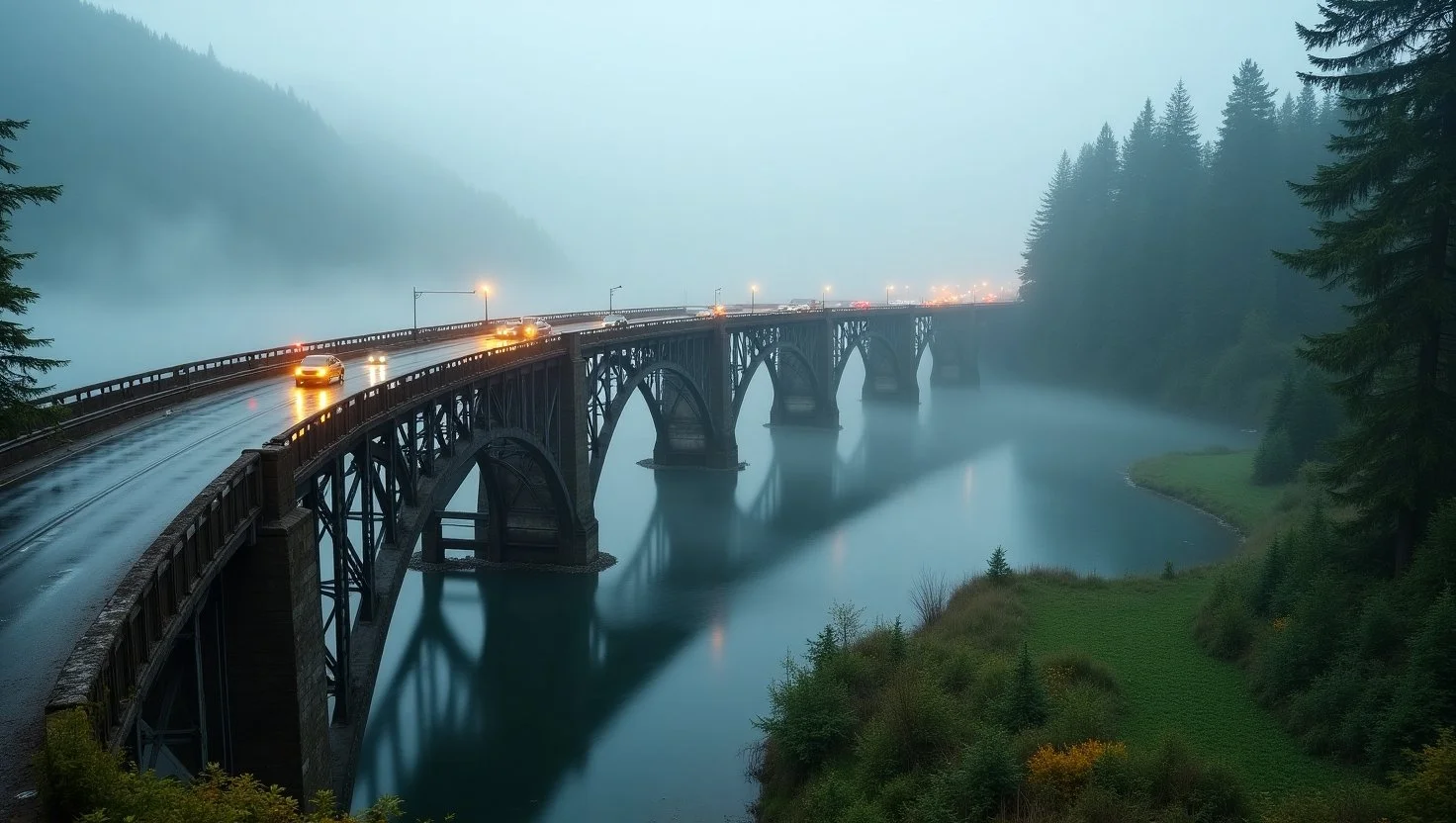 Rain-soaked bridge in Western Washington, with cars driving slowly as mist rises
