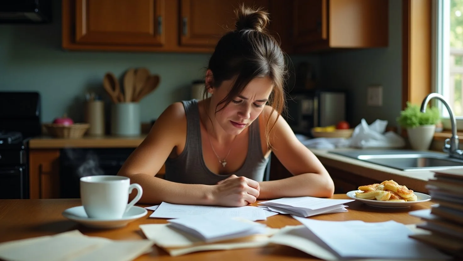 Frustrated Seattle resident looking at a pile of overdue bills on their kitchen table