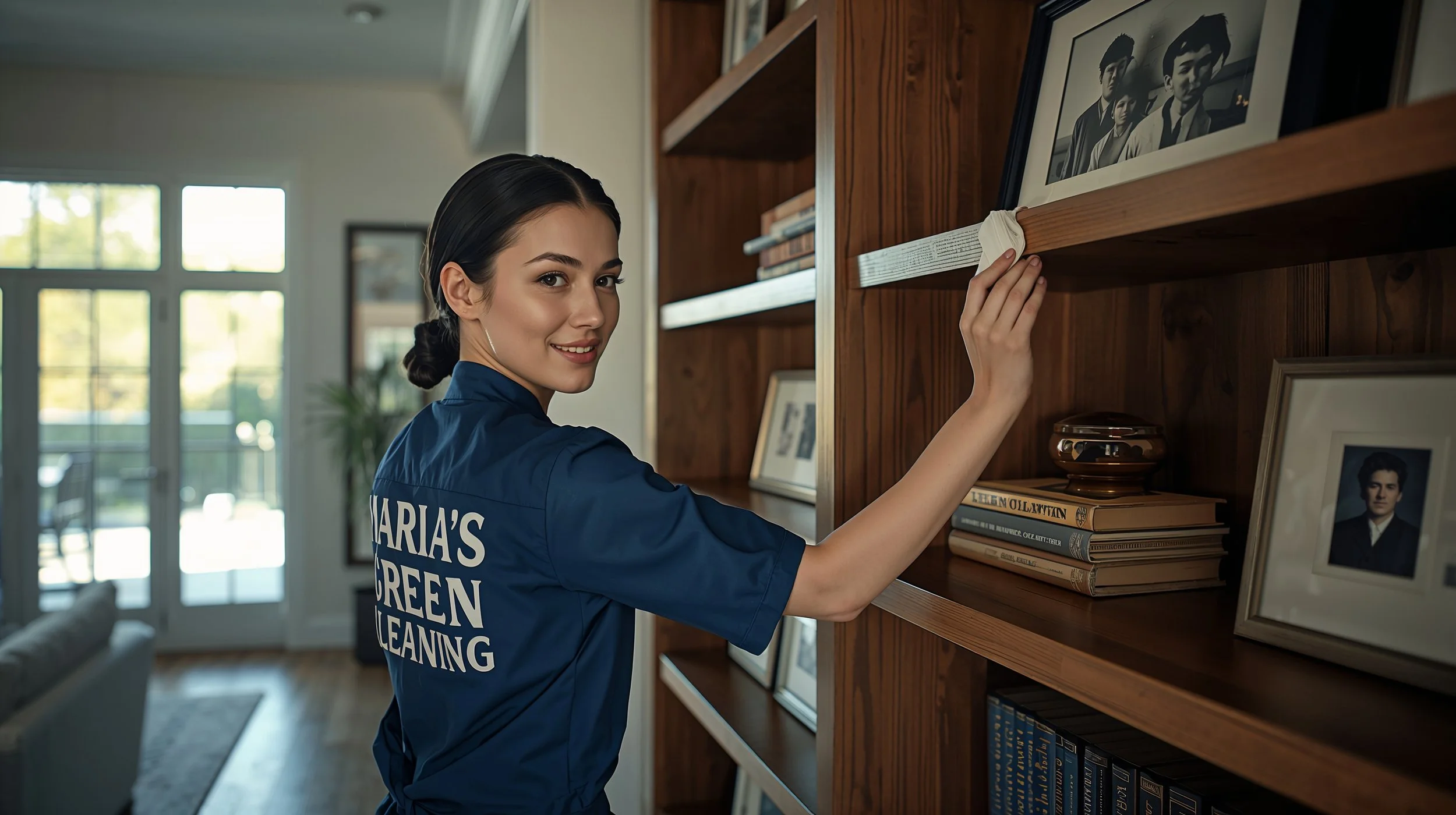Maria’s Green Cleaning professional dusting shelves in Arbor Heights Seattle family living room